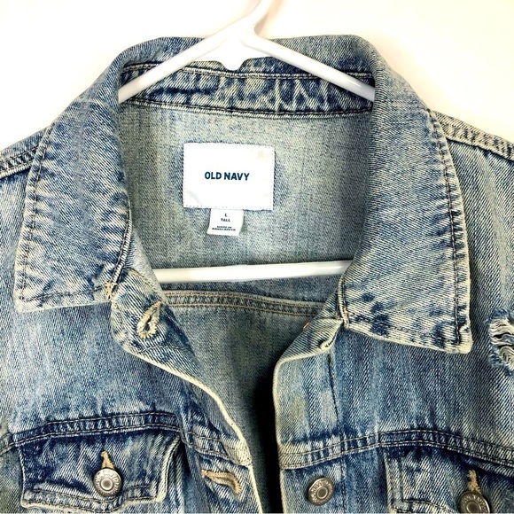 Old Navy Destructed Distressed worn Denim Jacket size large Tall - Picture 15 of 16